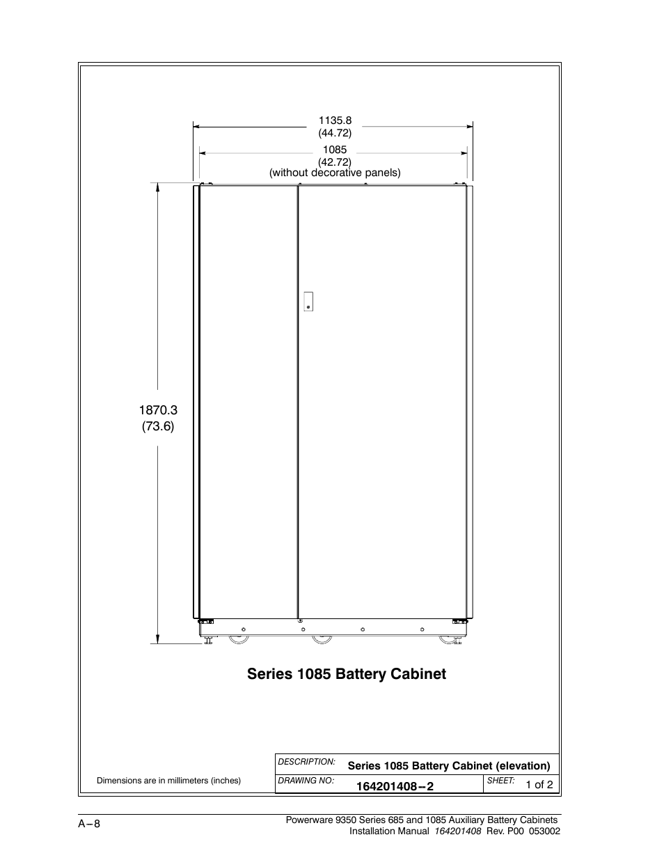 Series 1085 battery cabinet | Powerware 685 User Manual | Page 50 / 54