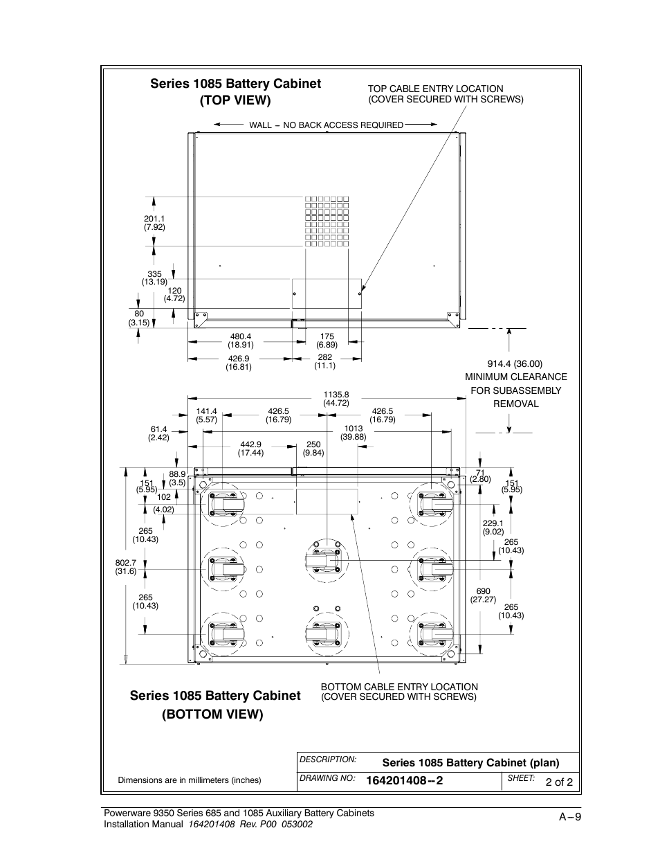 Top view) (bottom view), Series 1085 battery cabinet | Powerware 685 User Manual | Page 51 / 54