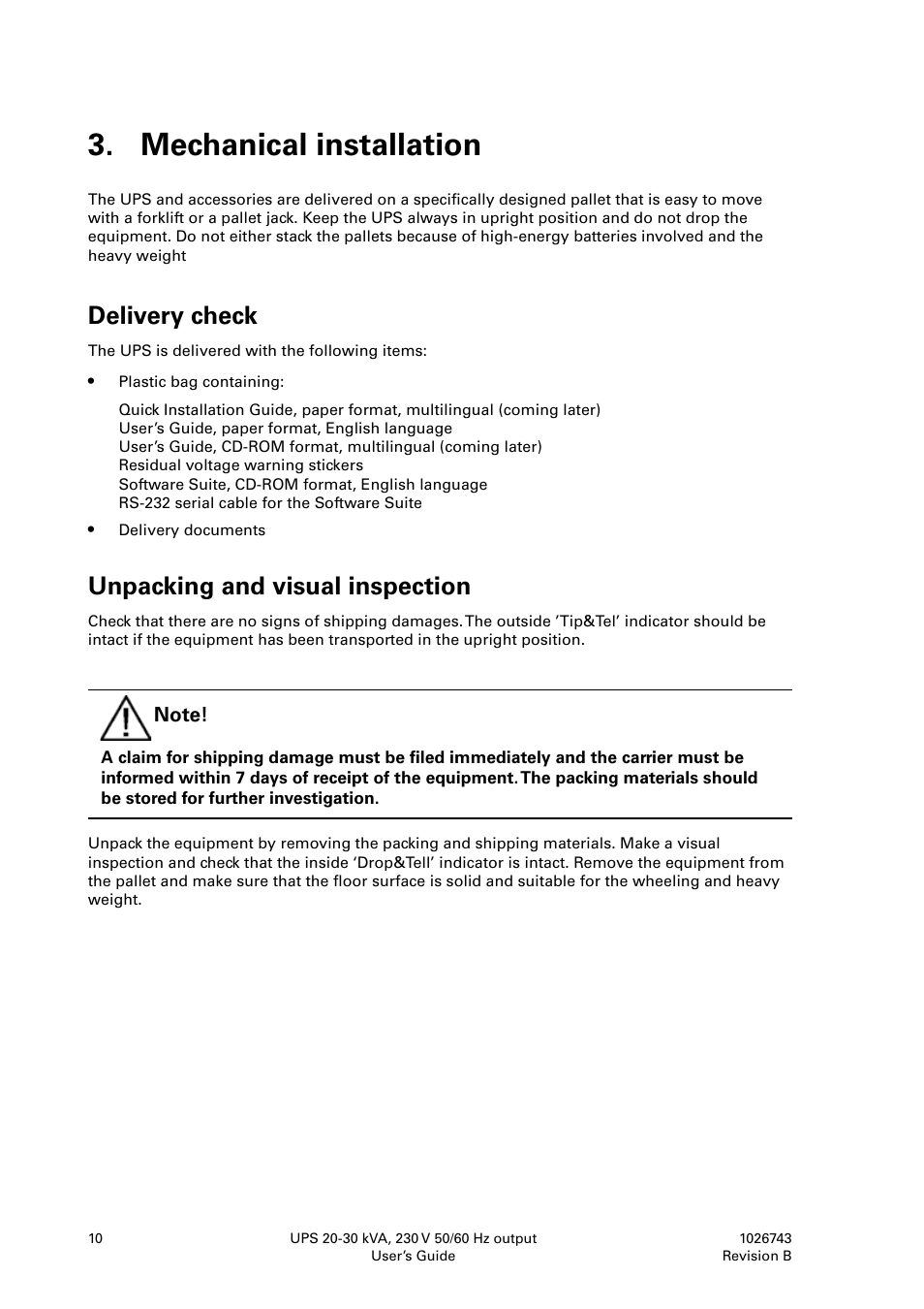 Mechanical installation, Delivery check, Unpacking and visual inspection | Powerware 9155 UPS20-30kVA User Manual | Page 10 / 52