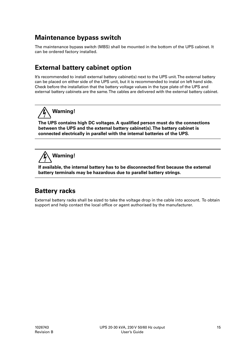 Maintenance bypass switch, External battery cabinet option, Battery racks | Powerware 9155 UPS20-30kVA User Manual | Page 15 / 52