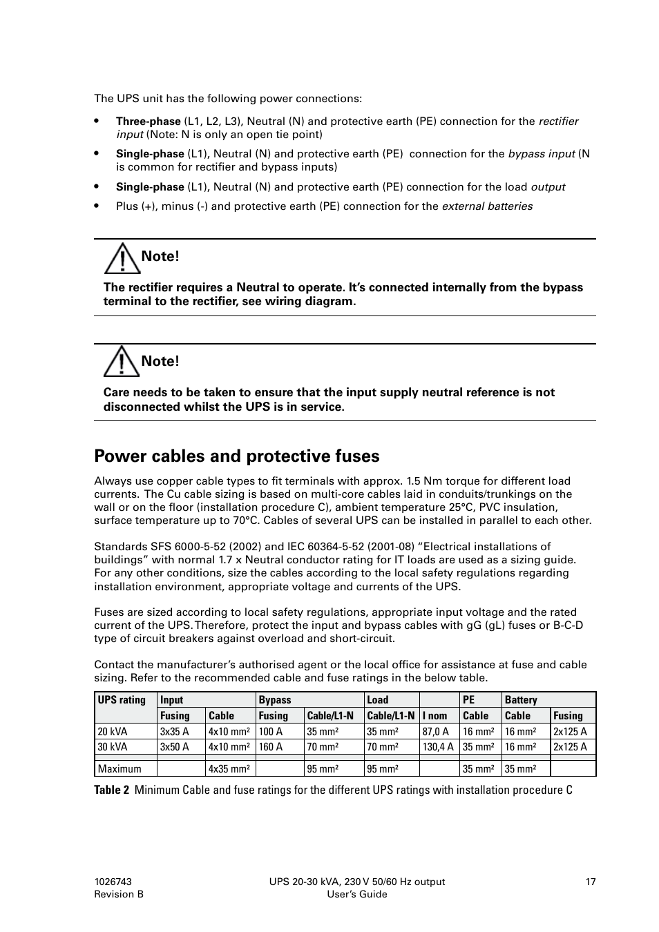 Power cables and protective fuses | Powerware 9155 UPS20-30kVA User Manual | Page 17 / 52