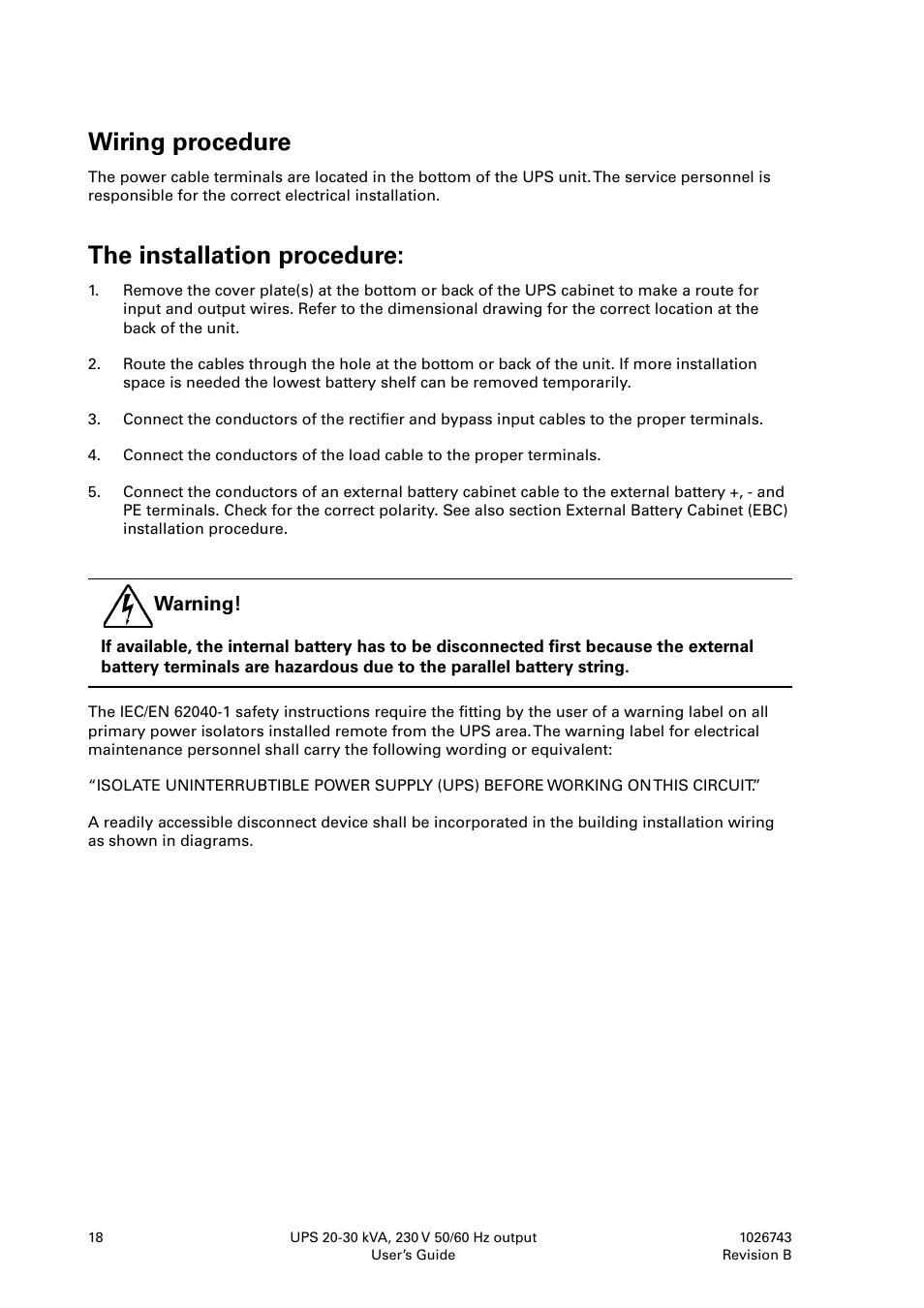 Wiring procedure, The installation procedure | Powerware 9155 UPS20-30kVA User Manual | Page 18 / 52