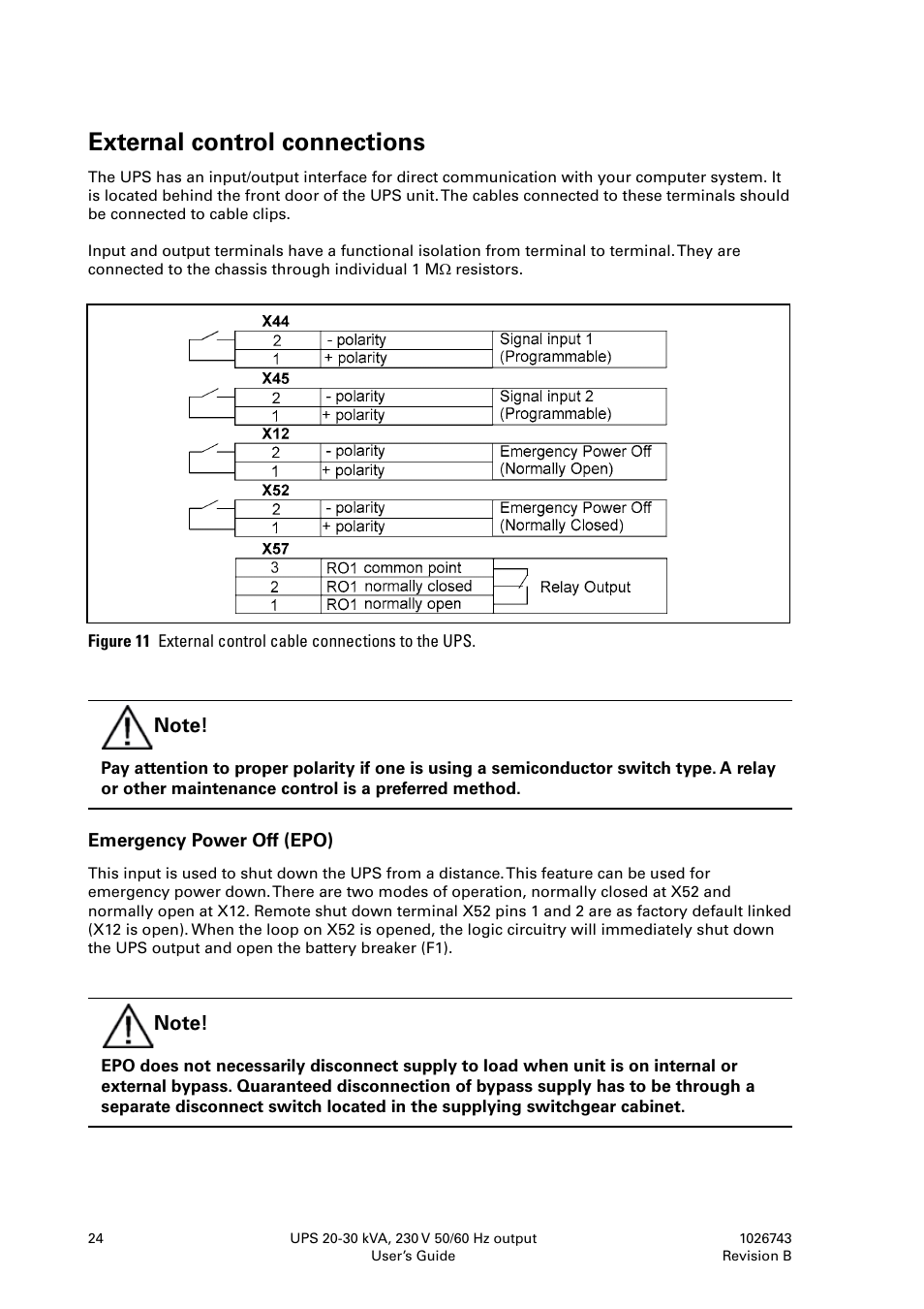 External control connections | Powerware 9155 UPS20-30kVA User Manual | Page 24 / 52