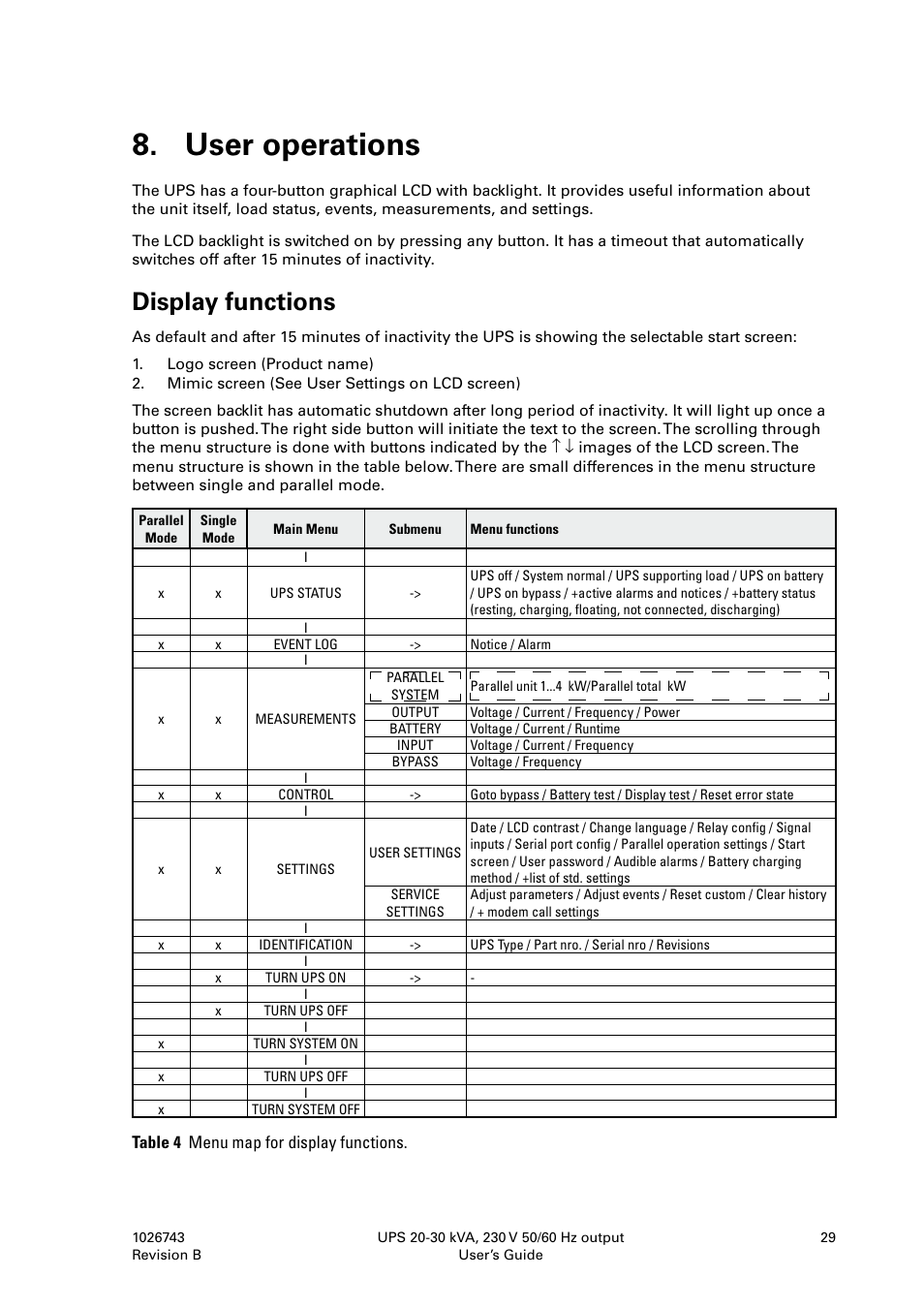 User operations, Display functions | Powerware 9155 UPS20-30kVA User Manual | Page 29 / 52