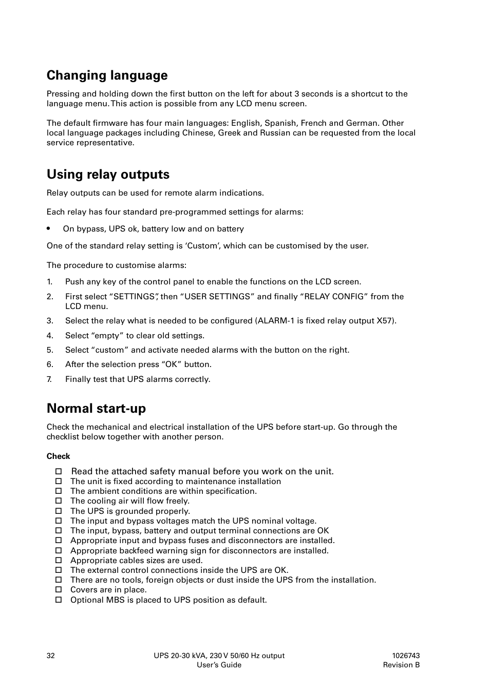 Changing language, Using relay outputs, Normal start-up | Powerware 9155 UPS20-30kVA User Manual | Page 32 / 52