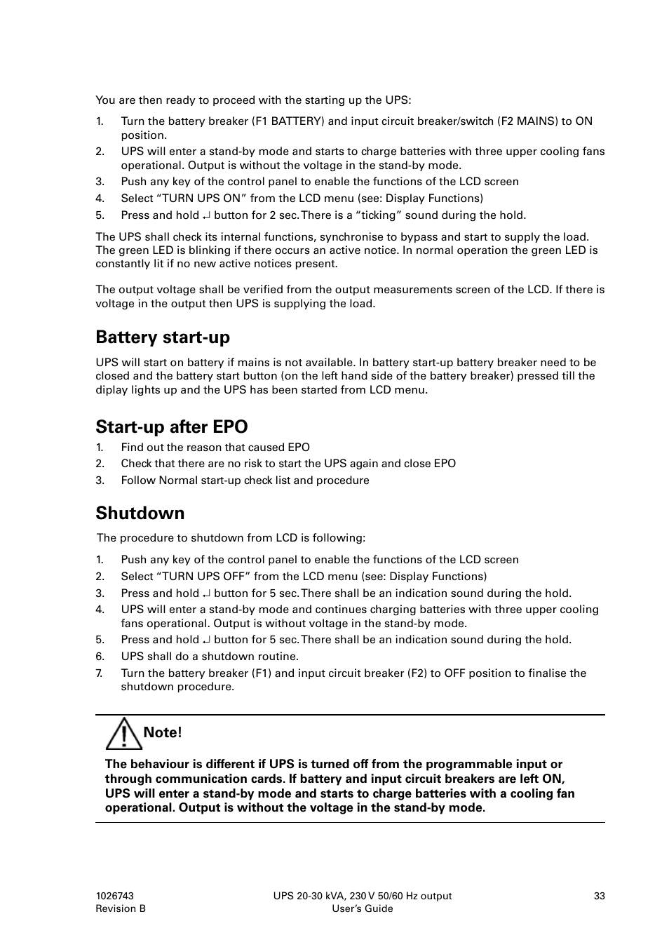 Battery start-up, Start-up after epo, Shutdown | Powerware 9155 UPS20-30kVA User Manual | Page 33 / 52