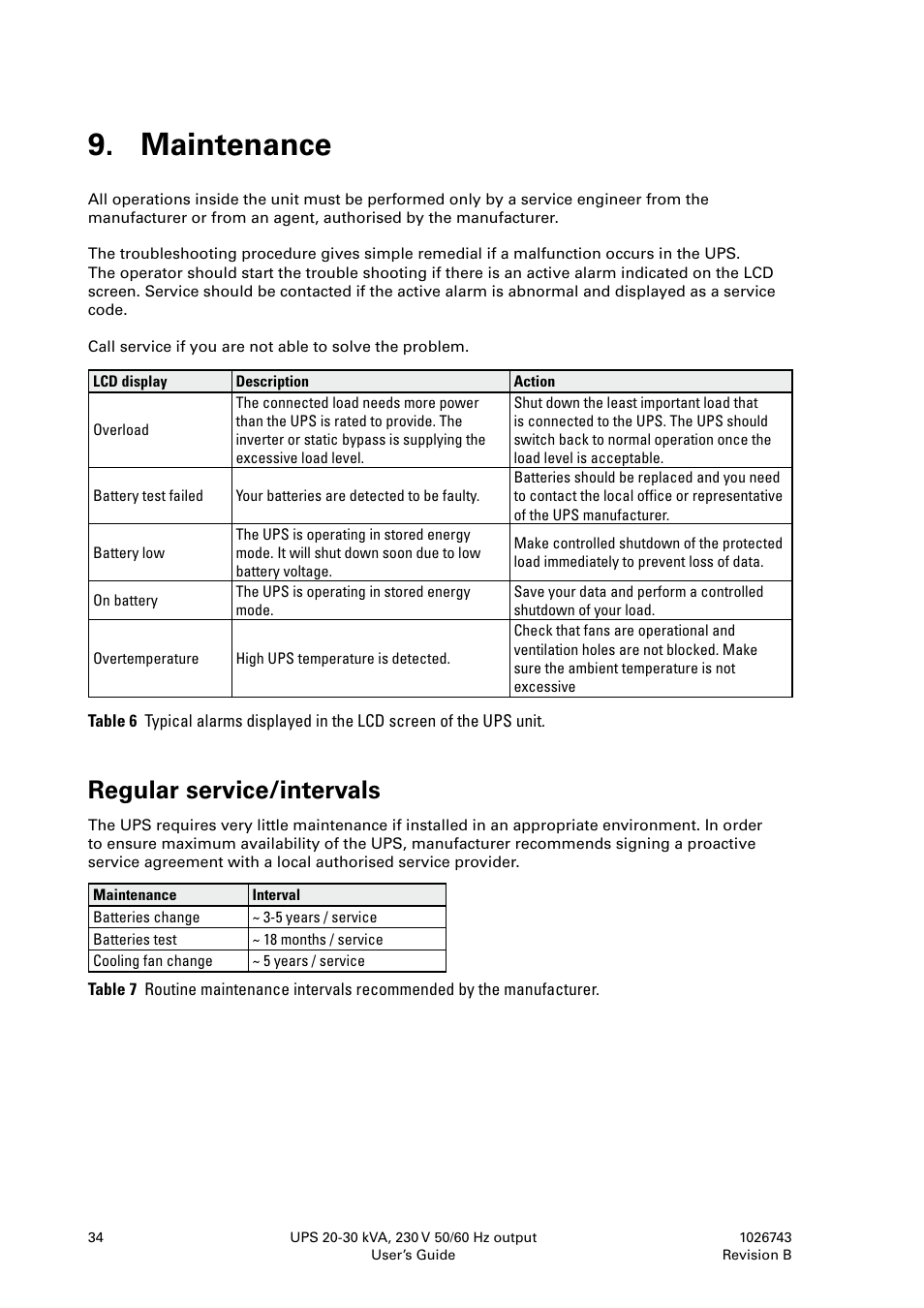 Maintenance, Regular service/intervals | Powerware 9155 UPS20-30kVA User Manual | Page 34 / 52