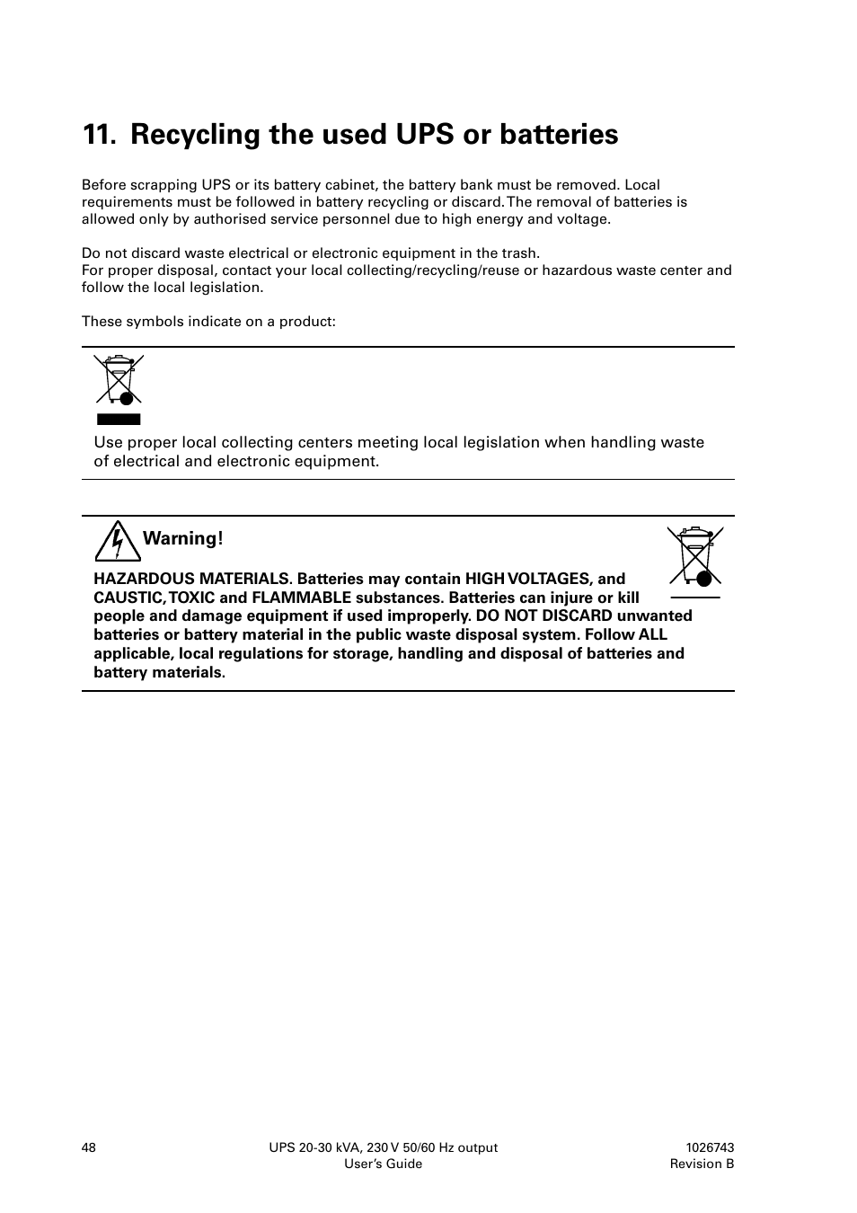 Recycling the used ups or batteries | Powerware 9155 UPS20-30kVA User Manual | Page 48 / 52