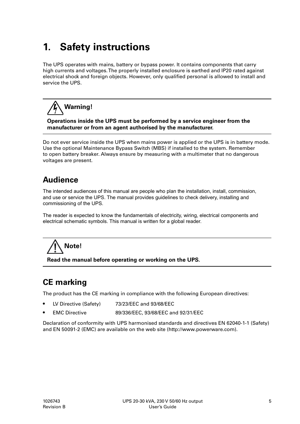 Safety instructions, Audience, Ce marking | Powerware 9155 UPS20-30kVA User Manual | Page 5 / 52