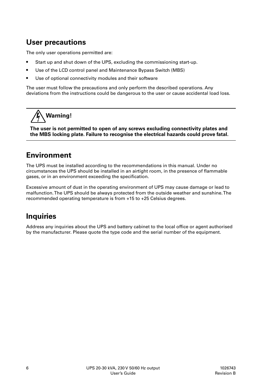 User precautions, Environment, Inquiries | Powerware 9155 UPS20-30kVA User Manual | Page 6 / 52