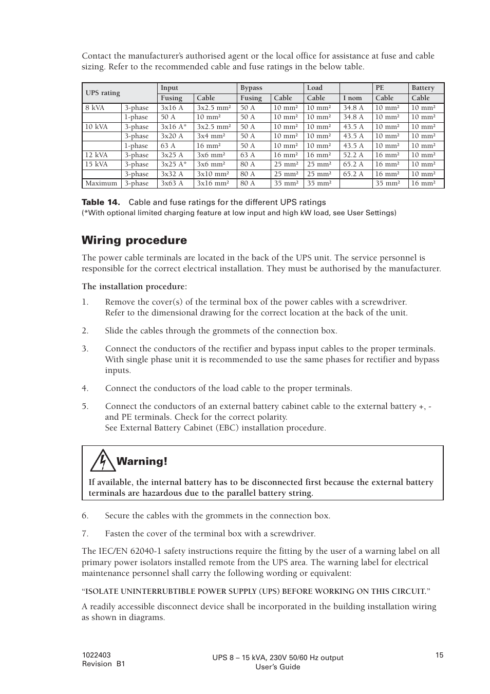 Wiring procedure, Warning | Powerware powereware plus 8 - 10 kVA User Manual | Page 15 / 46