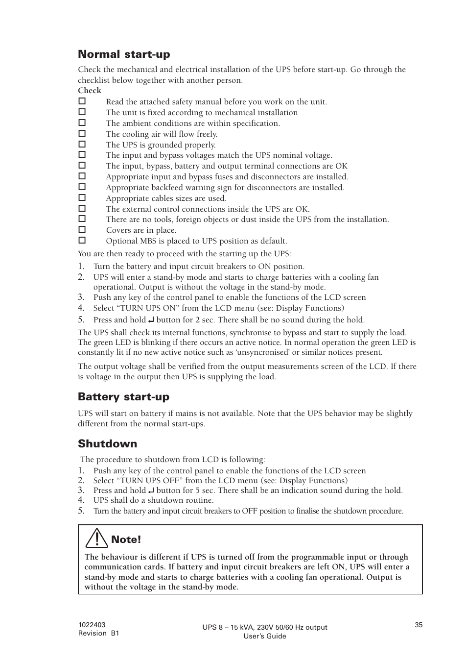 Normal start-up, Battery start-up, Shutdown | Powerware powereware plus 8 - 10 kVA User Manual | Page 35 / 46