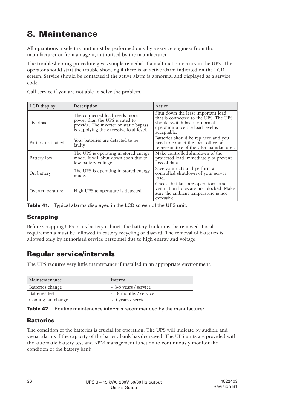 Maintenance, Regular service/intervals | Powerware powereware plus 8 - 10 kVA User Manual | Page 36 / 46