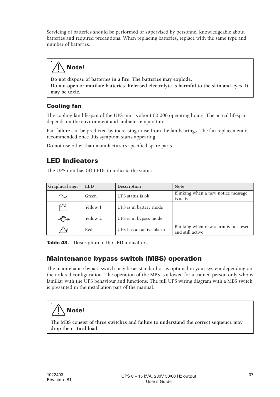 Led indicators, Maintenance bypass switch (mbs) operation, Cooling fan | Powerware powereware plus 8 - 10 kVA User Manual | Page 37 / 46