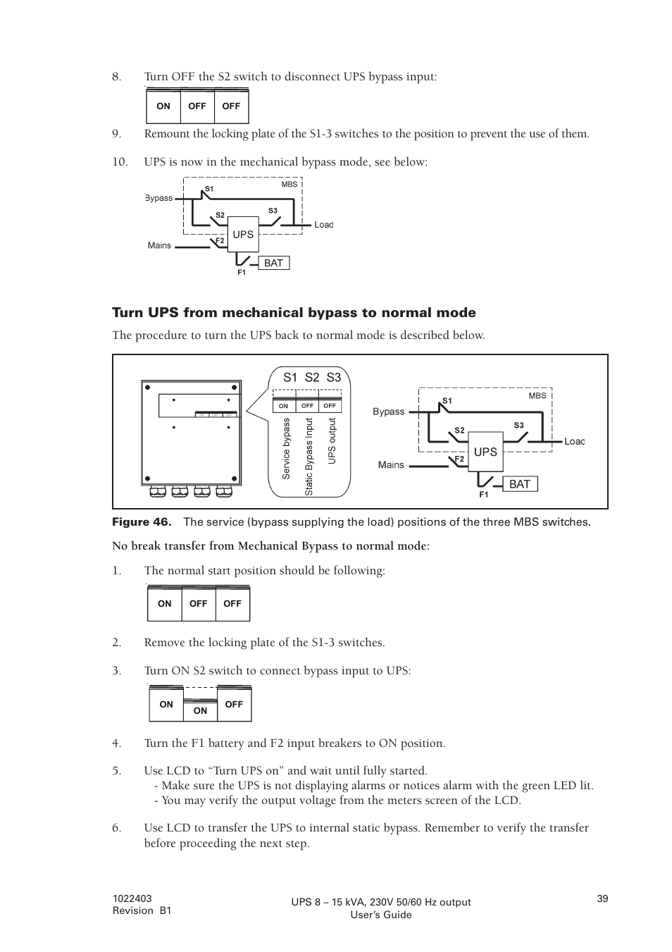 Turn ups from mechanical bypass to normal mode | Powerware powereware plus 8 - 10 kVA User Manual | Page 39 / 46