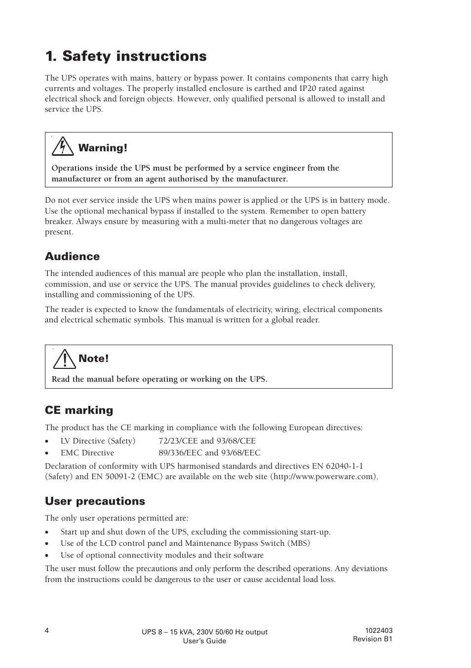 Safety instructions, Audience, Ce marking | User precautions | Powerware powereware plus 8 - 10 kVA User Manual | Page 4 / 46