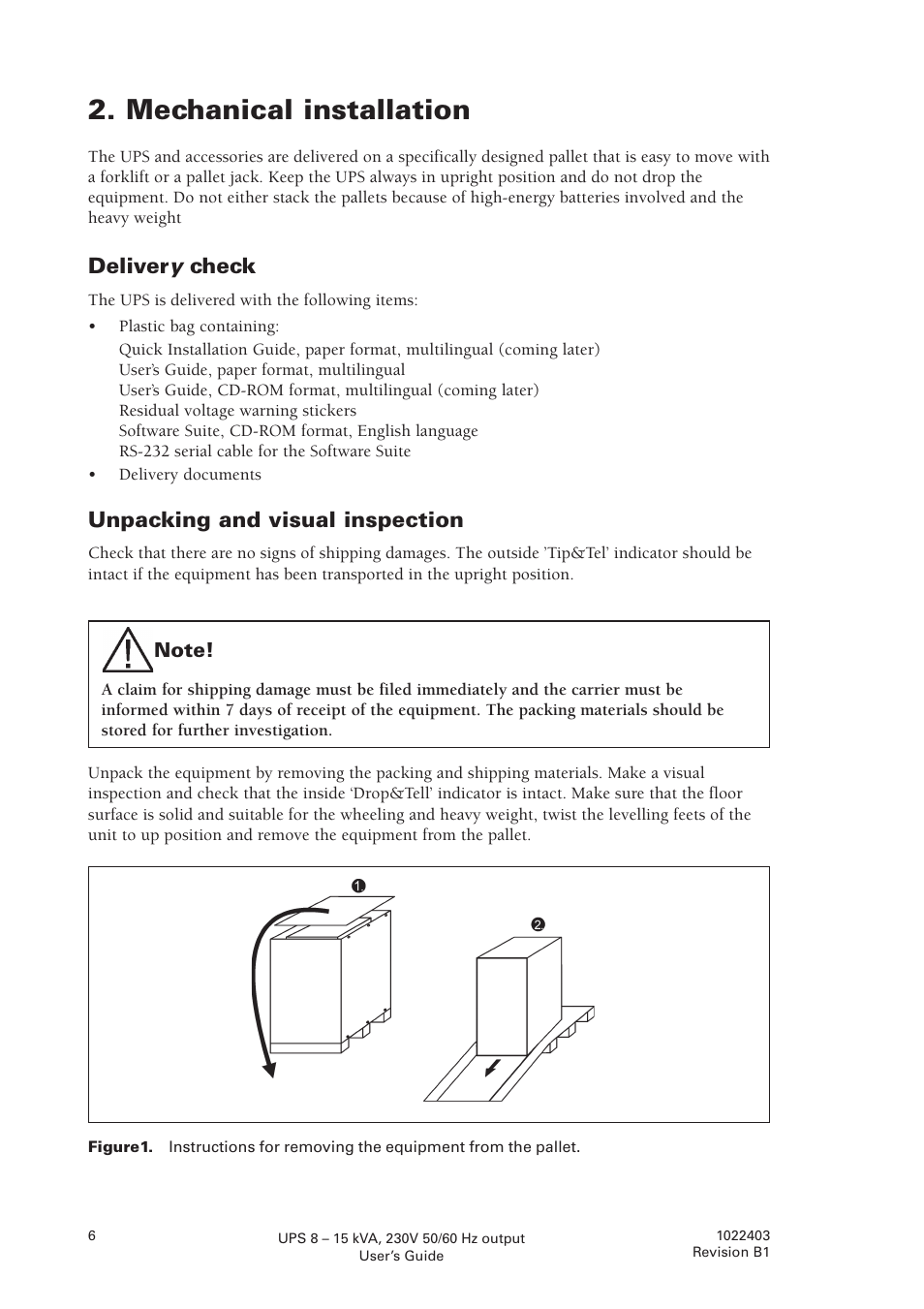 Mechanical installation, Deliver y check, Unpacking and visual inspection | Powerware powereware plus 8 - 10 kVA User Manual | Page 6 / 46