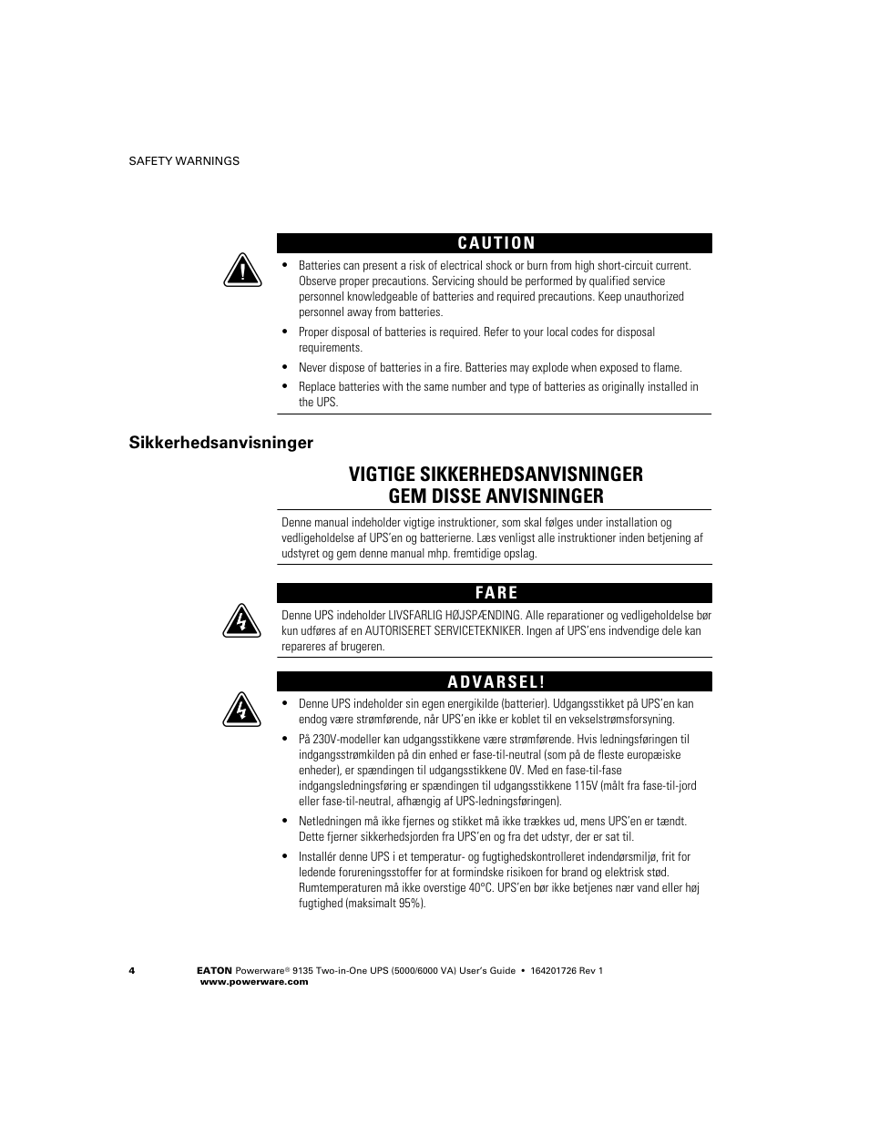 Sikkerhedsanvisninger | Powerware 9135 Two-in-One UPS 5000/6000 VA User Manual | Page 10 / 82