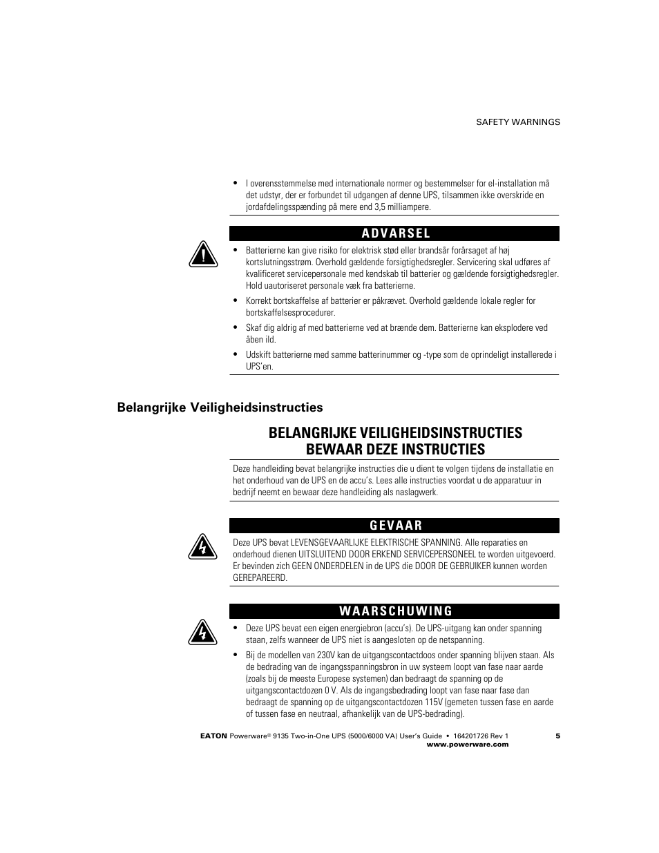 Belangrijke veiligheidsinstructies | Powerware 9135 Two-in-One UPS 5000/6000 VA User Manual | Page 11 / 82