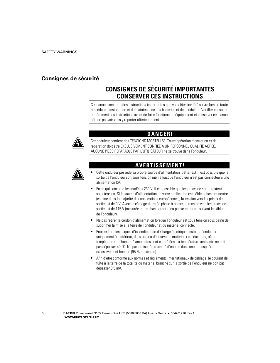 Consignes de sécurité | Powerware 9135 Two-in-One UPS 5000/6000 VA User Manual | Page 14 / 82