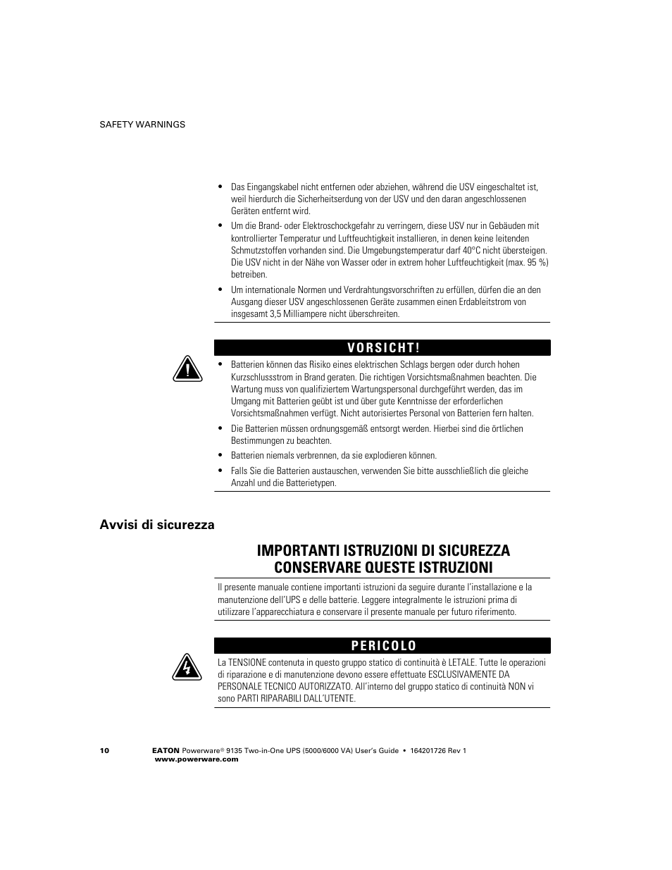 Avvisi di sicurezza | Powerware 9135 Two-in-One UPS 5000/6000 VA User Manual | Page 16 / 82