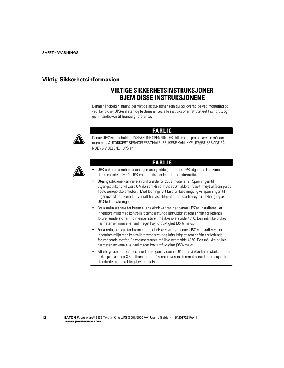 Viktig sikkerhetsinformasion | Powerware 9135 Two-in-One UPS 5000/6000 VA User Manual | Page 18 / 82