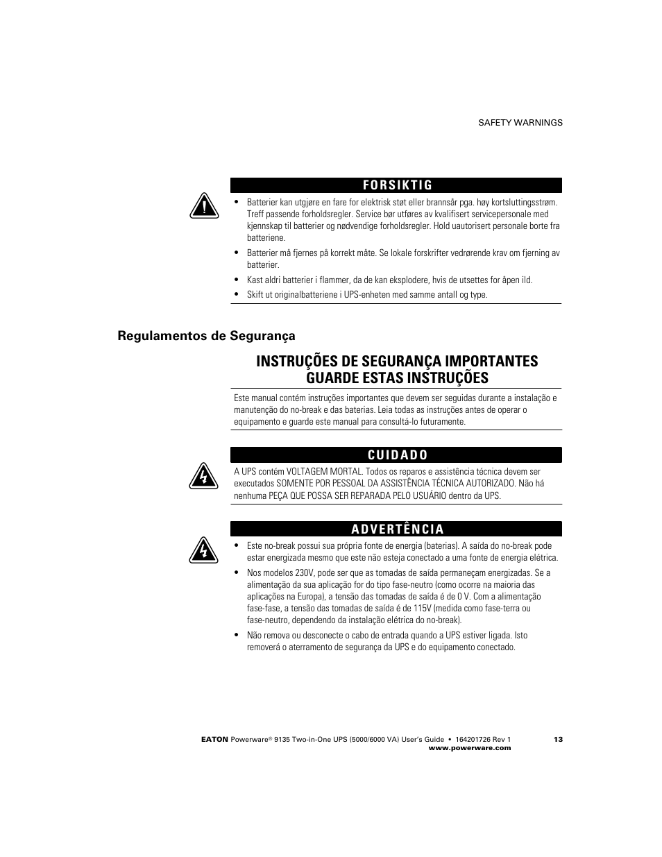 Regulamentos de segurança | Powerware 9135 Two-in-One UPS 5000/6000 VA User Manual | Page 19 / 82