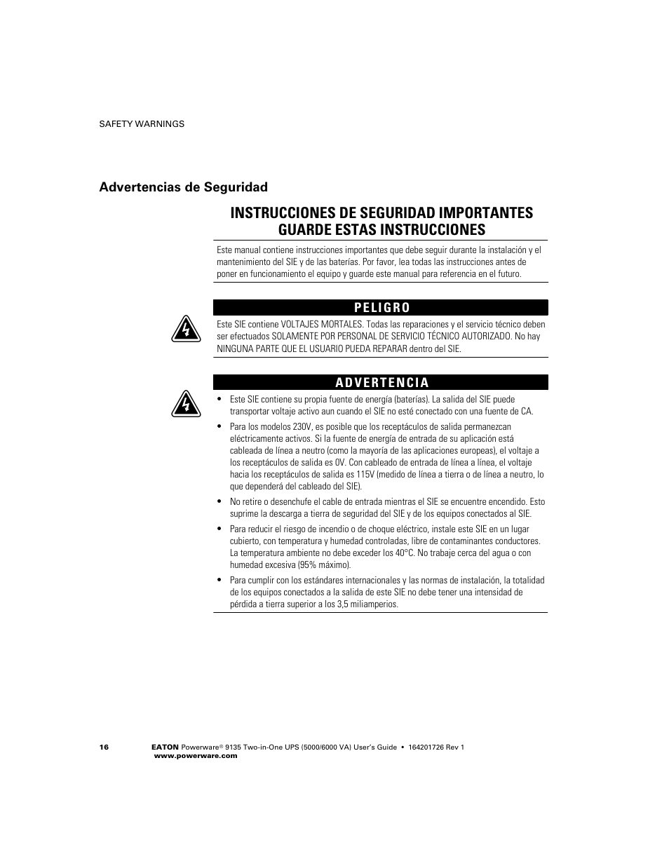 Advertencias de seguridad | Powerware 9135 Two-in-One UPS 5000/6000 VA User Manual | Page 22 / 82