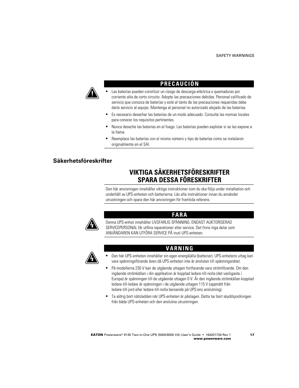 Säkerhetsföreskrifter | Powerware 9135 Two-in-One UPS 5000/6000 VA User Manual | Page 23 / 82