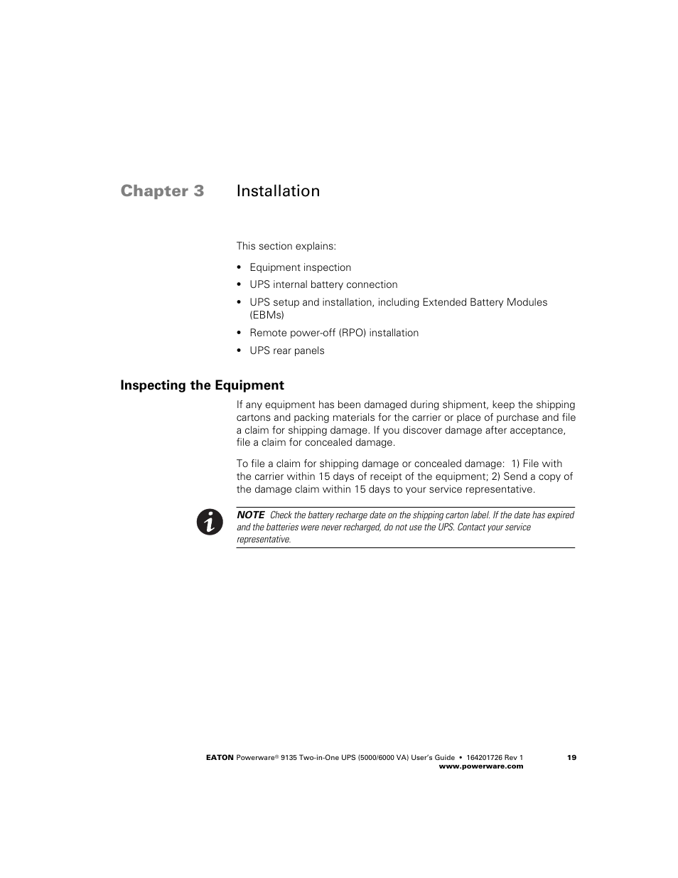Installation, Inspecting the equipment, Chapter 3 installation | Powerware 9135 Two-in-One UPS 5000/6000 VA User Manual | Page 25 / 82