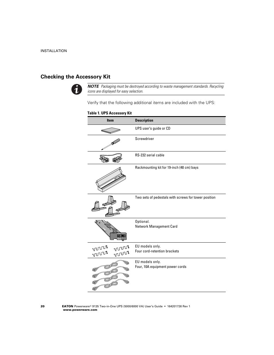 Checking the accessory kit | Powerware 9135 Two-in-One UPS 5000/6000 VA User Manual | Page 26 / 82
