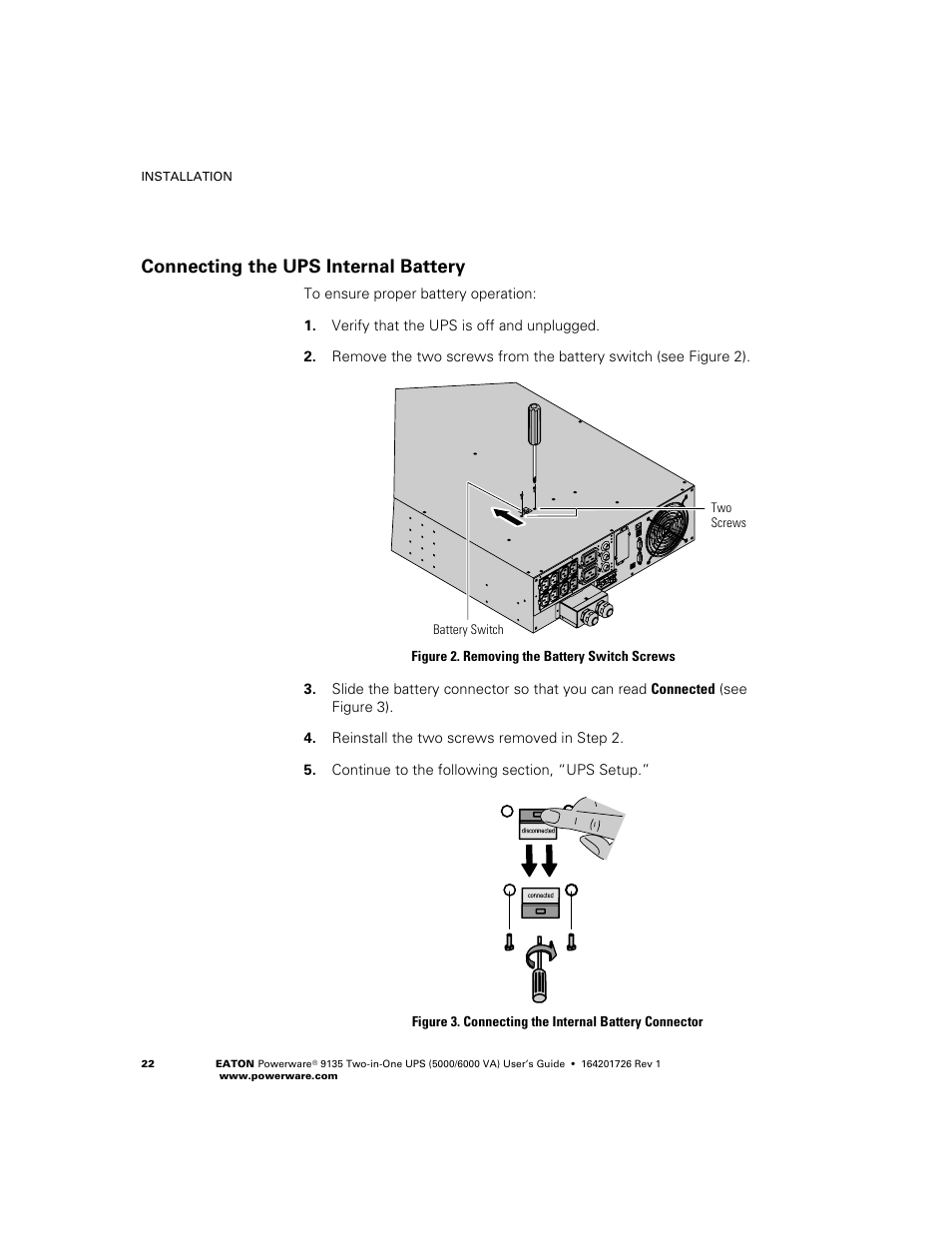 Connecting the ups internal battery | Powerware 9135 Two-in-One UPS 5000/6000 VA User Manual | Page 28 / 82