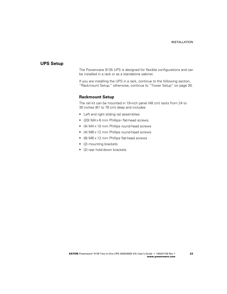 Ups setup, Rackmount setup | Powerware 9135 Two-in-One UPS 5000/6000 VA User Manual | Page 29 / 82