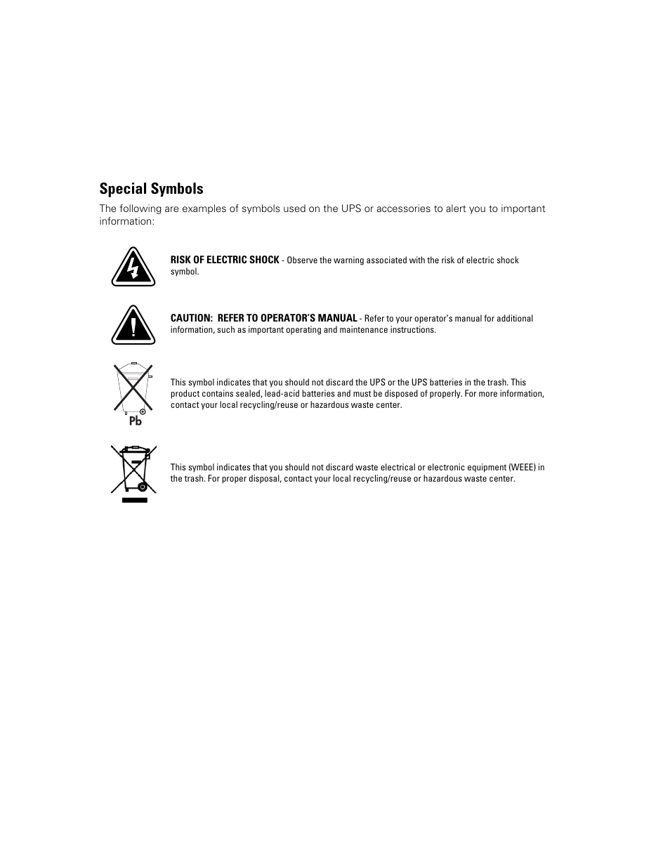 Special symbols | Powerware 9135 Two-in-One UPS 5000/6000 VA User Manual | Page 4 / 82