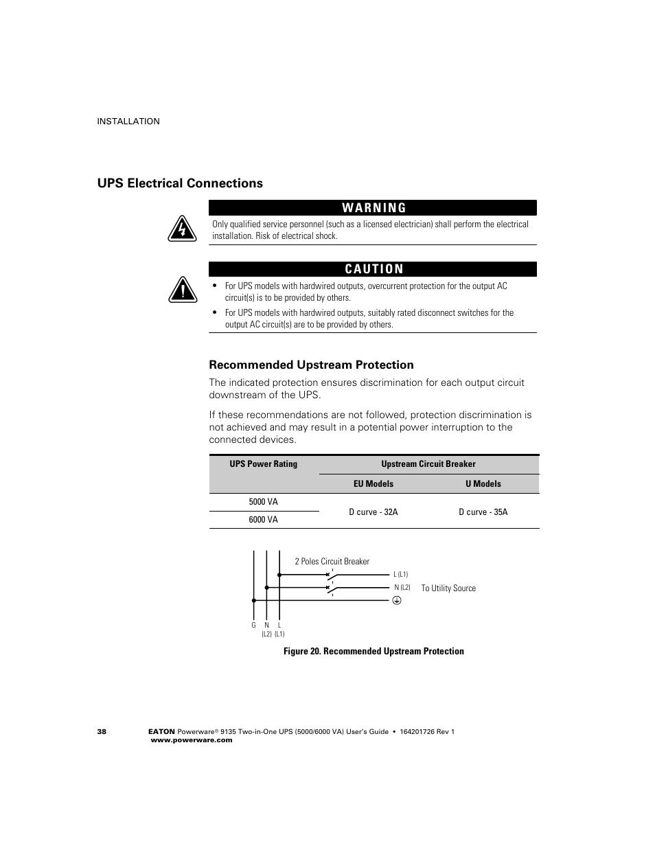 Ups electrical connections, Recommended upstream protection, Ups electrical connections w | Powerware 9135 Two-in-One UPS 5000/6000 VA User Manual | Page 44 / 82