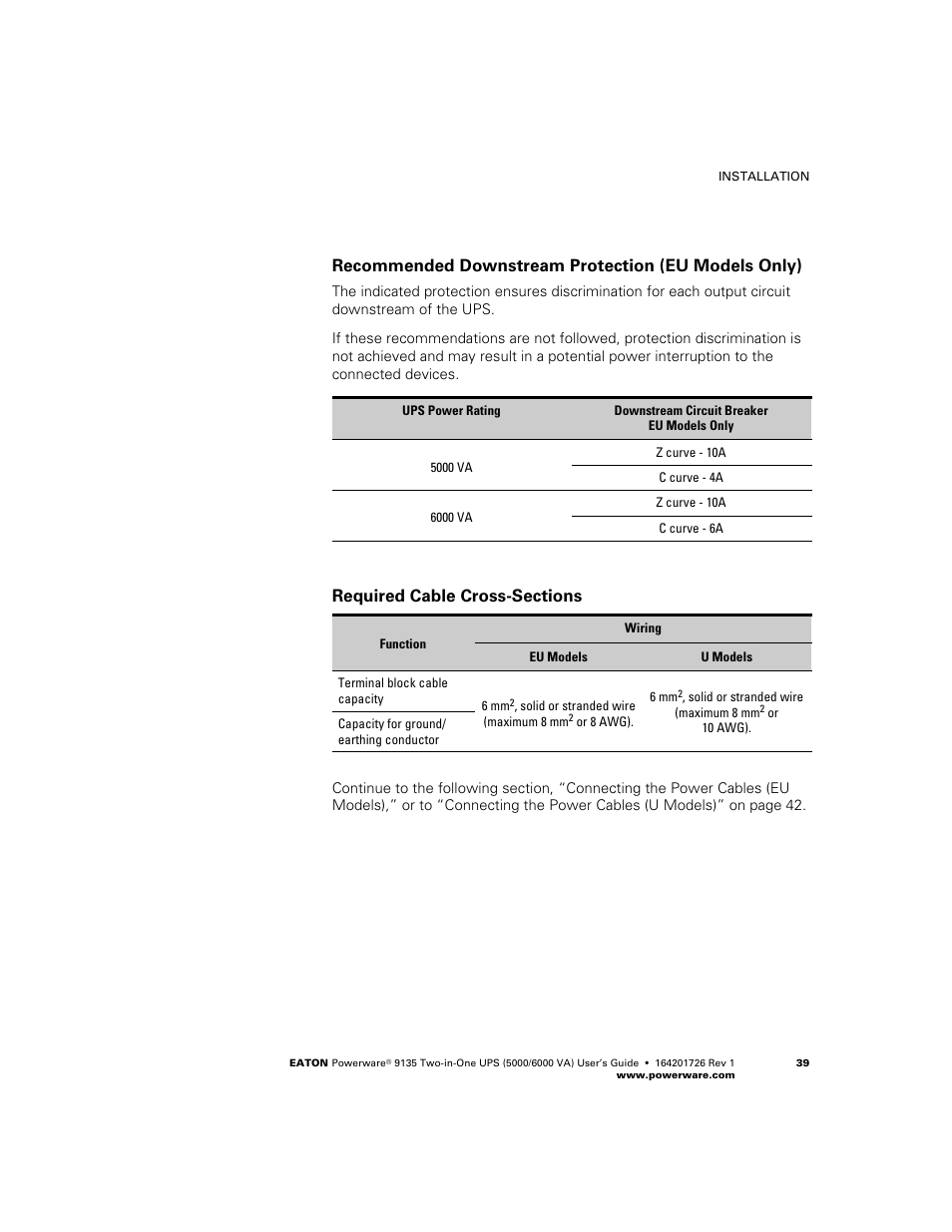 Recommended downstream protection (eu models only), Required cable cross−sections | Powerware 9135 Two-in-One UPS 5000/6000 VA User Manual | Page 45 / 82