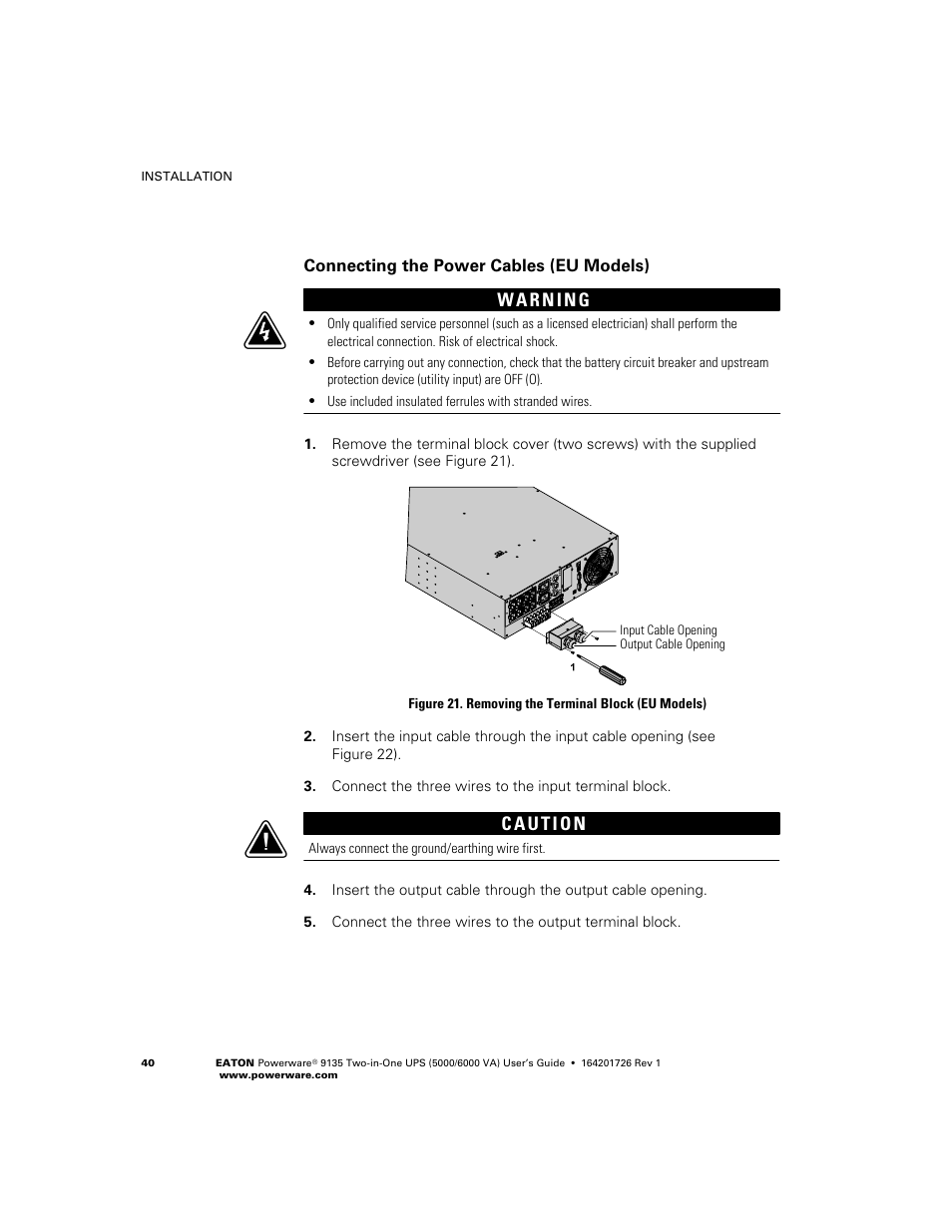 Connecting the power cables (eu models) | Powerware 9135 Two-in-One UPS 5000/6000 VA User Manual | Page 46 / 82
