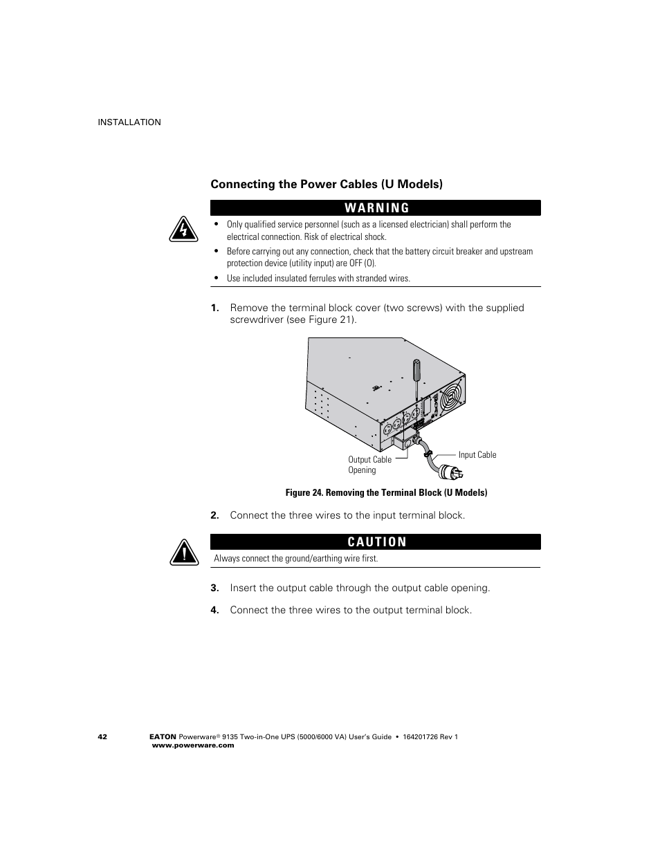 Connecting the power cables (u models), Input cable output cable opening | Powerware 9135 Two-in-One UPS 5000/6000 VA User Manual | Page 48 / 82