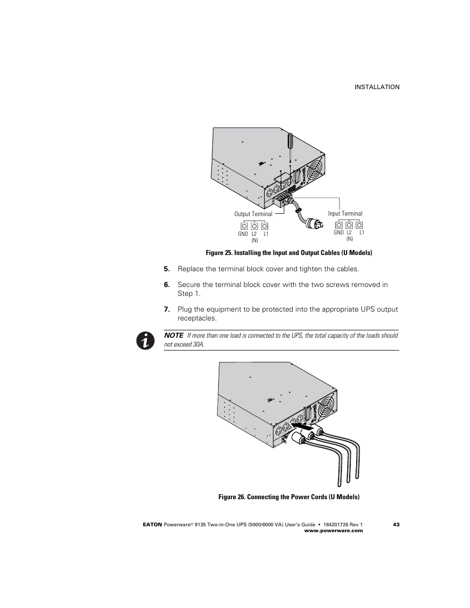 Figure 26. connecting the power cords (u models), Output terminal input terminal, Installation | Gnd l2 (n) l1 gnd l2 (n) l1, Eaton powerware | Powerware 9135 Two-in-One UPS 5000/6000 VA User Manual | Page 49 / 82