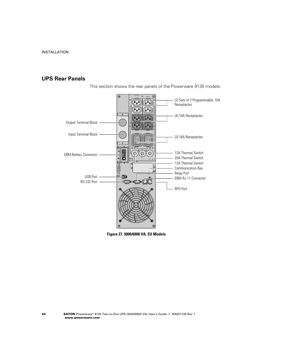 Ups rear panels | Powerware 9135 Two-in-One UPS 5000/6000 VA User Manual | Page 50 / 82