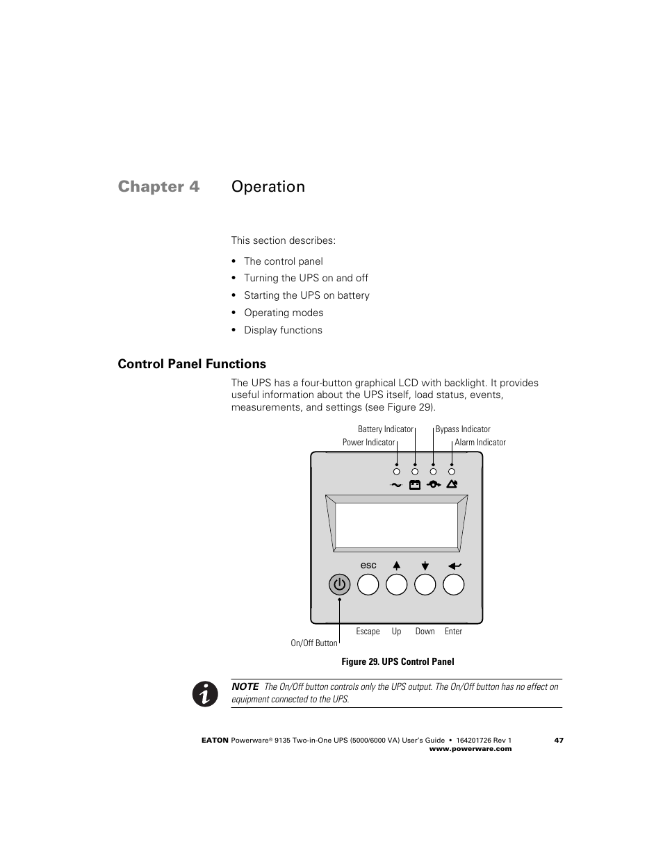 Operation, Control panel functions, Chapter 4 operation | Powerware 9135 Two-in-One UPS 5000/6000 VA User Manual | Page 53 / 82