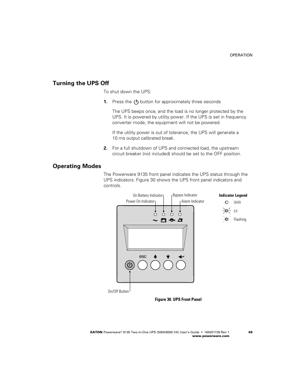 Turning the ups off, Operating modes | Powerware 9135 Two-in-One UPS 5000/6000 VA User Manual | Page 55 / 82