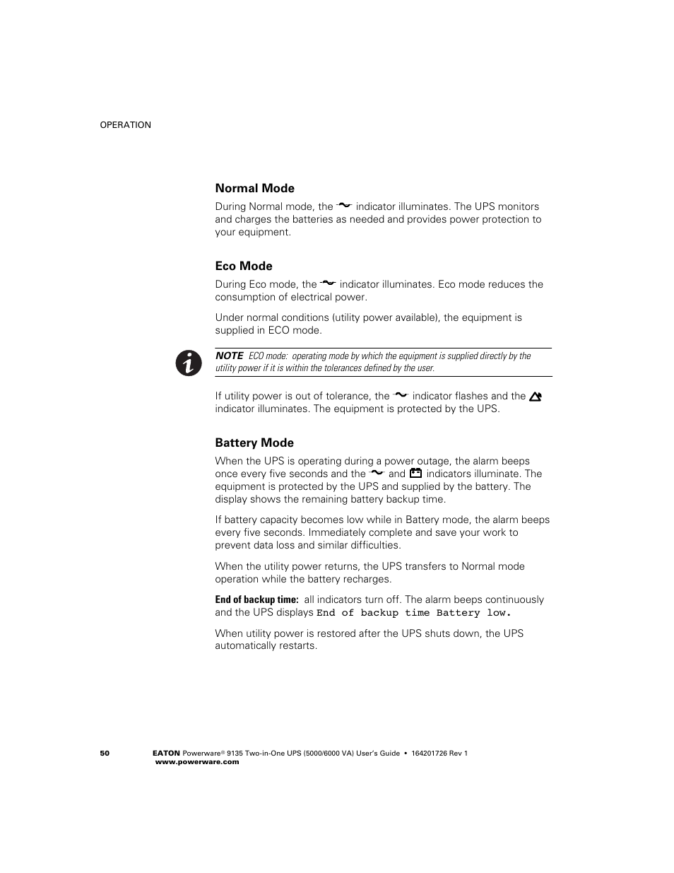 Normal mode, Eco mode, Battery mode | Powerware 9135 Two-in-One UPS 5000/6000 VA User Manual | Page 56 / 82