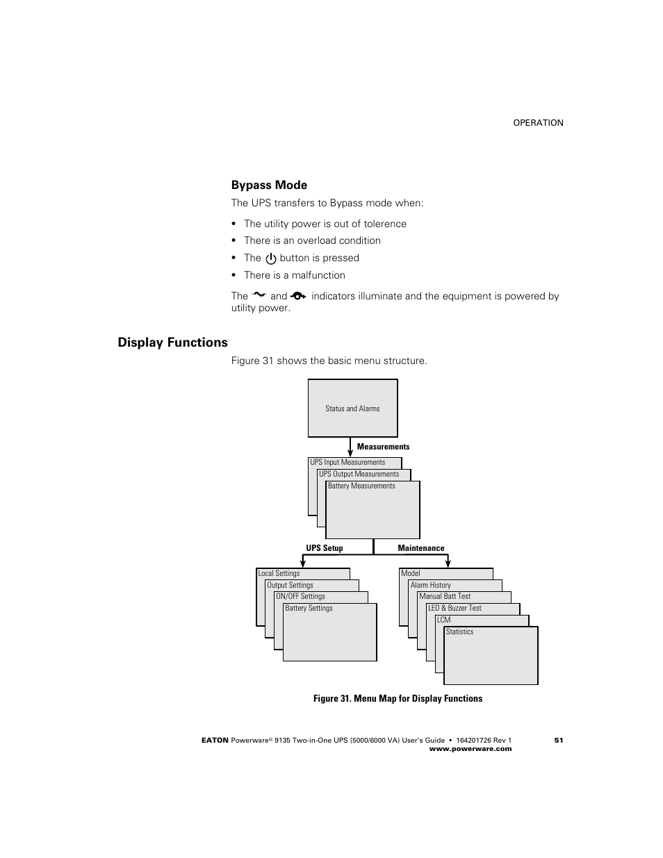 Bypass mode, Display functions | Powerware 9135 Two-in-One UPS 5000/6000 VA User Manual | Page 57 / 82