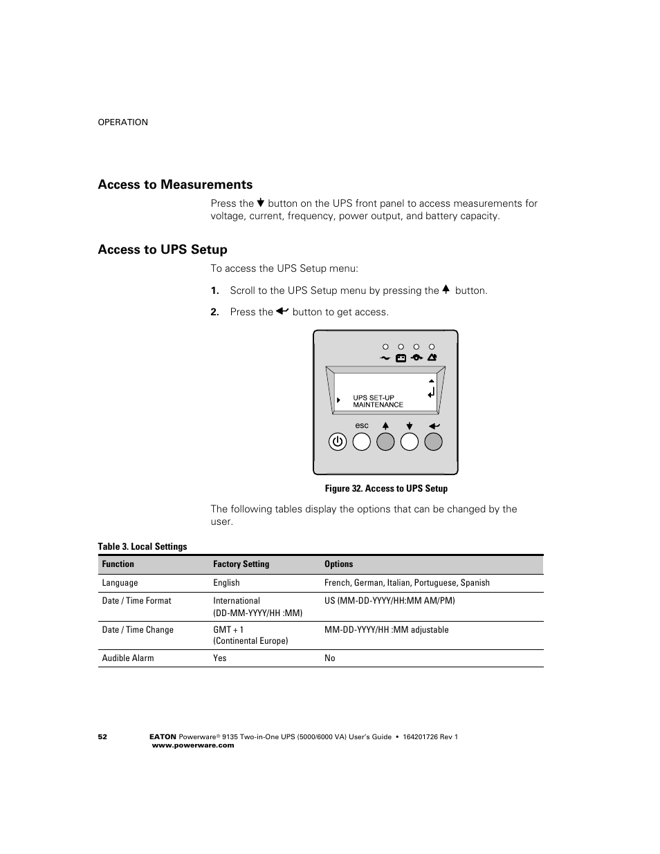 Access to measurements, Access to ups setup | Powerware 9135 Two-in-One UPS 5000/6000 VA User Manual | Page 58 / 82