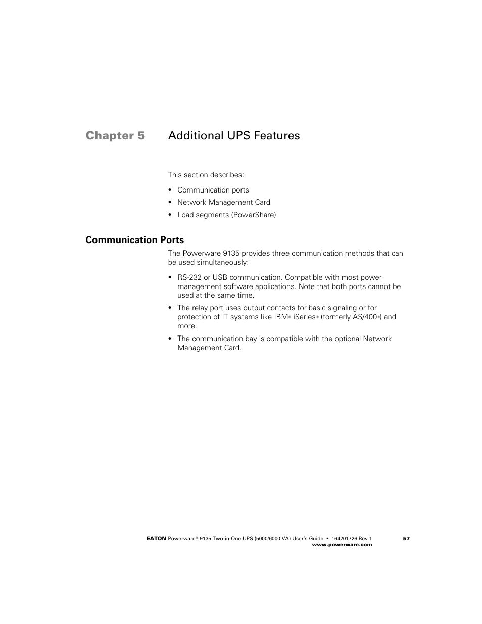 Additional ups features, Communication ports, Chapter 5 additional ups features | Powerware 9135 Two-in-One UPS 5000/6000 VA User Manual | Page 63 / 82