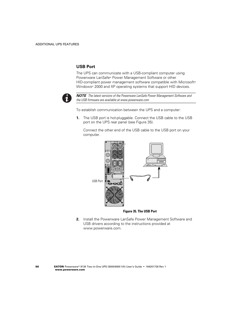 Usb port, Windows | Powerware 9135 Two-in-One UPS 5000/6000 VA User Manual | Page 64 / 82