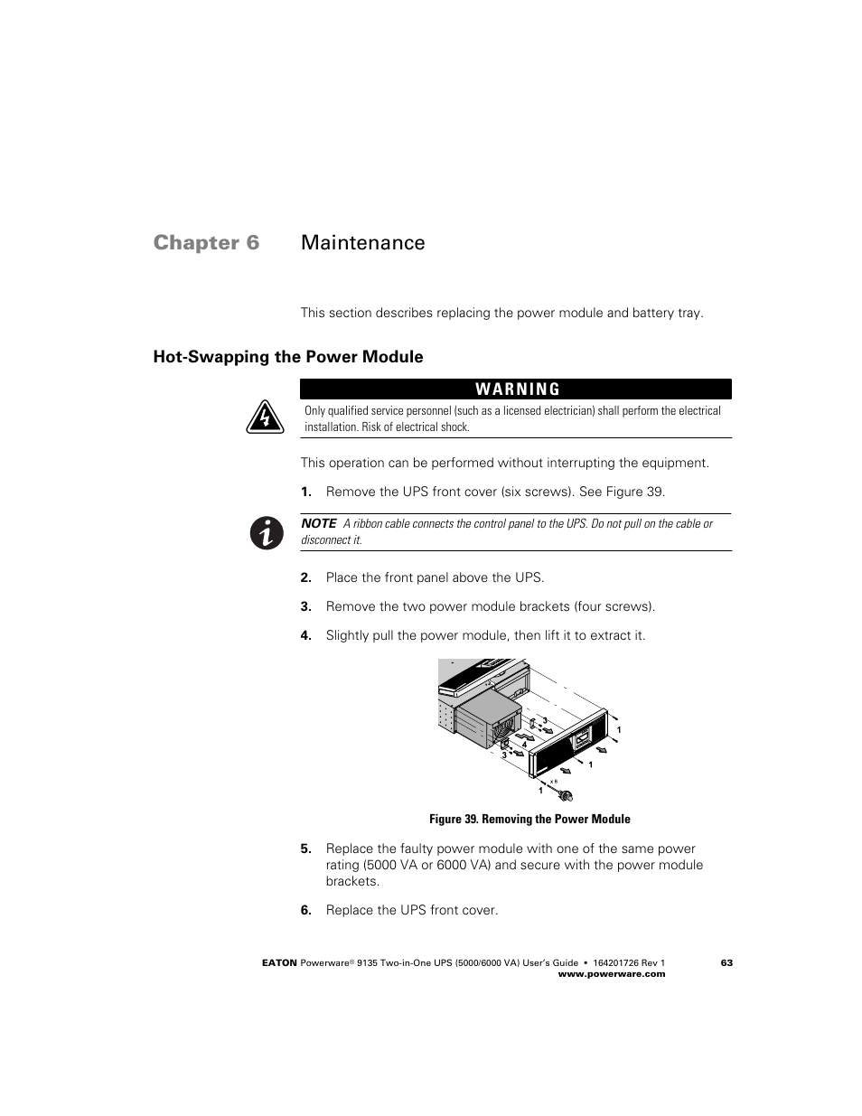 Maintenance, Hot−swapping the power module, Chapter 6 maintenance | Hot−swapping the power module w | Powerware 9135 Two-in-One UPS 5000/6000 VA User Manual | Page 69 / 82