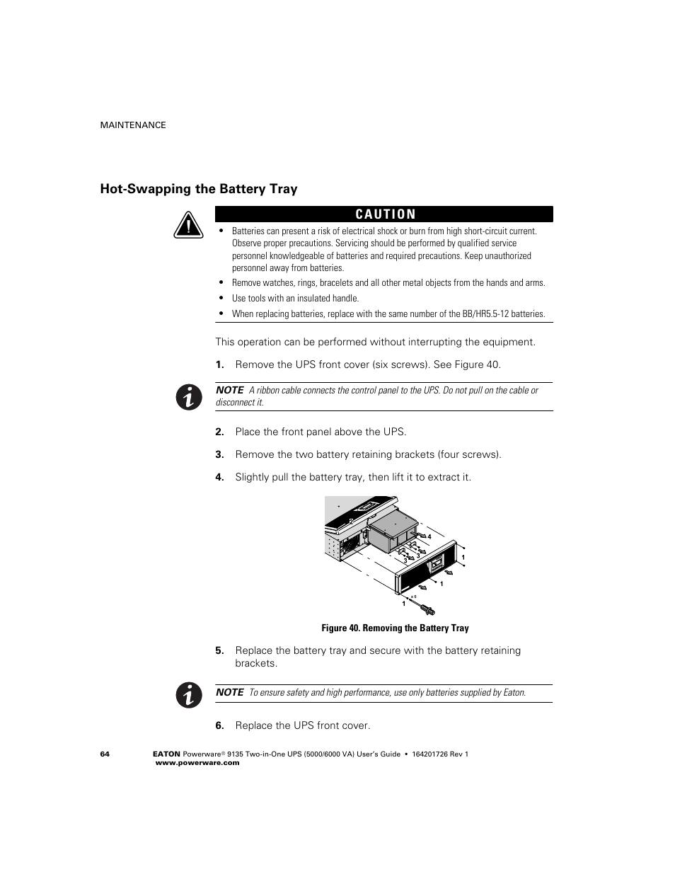 Hot−swapping the battery tray, Hot−swapping the battery tray c | Powerware 9135 Two-in-One UPS 5000/6000 VA User Manual | Page 70 / 82