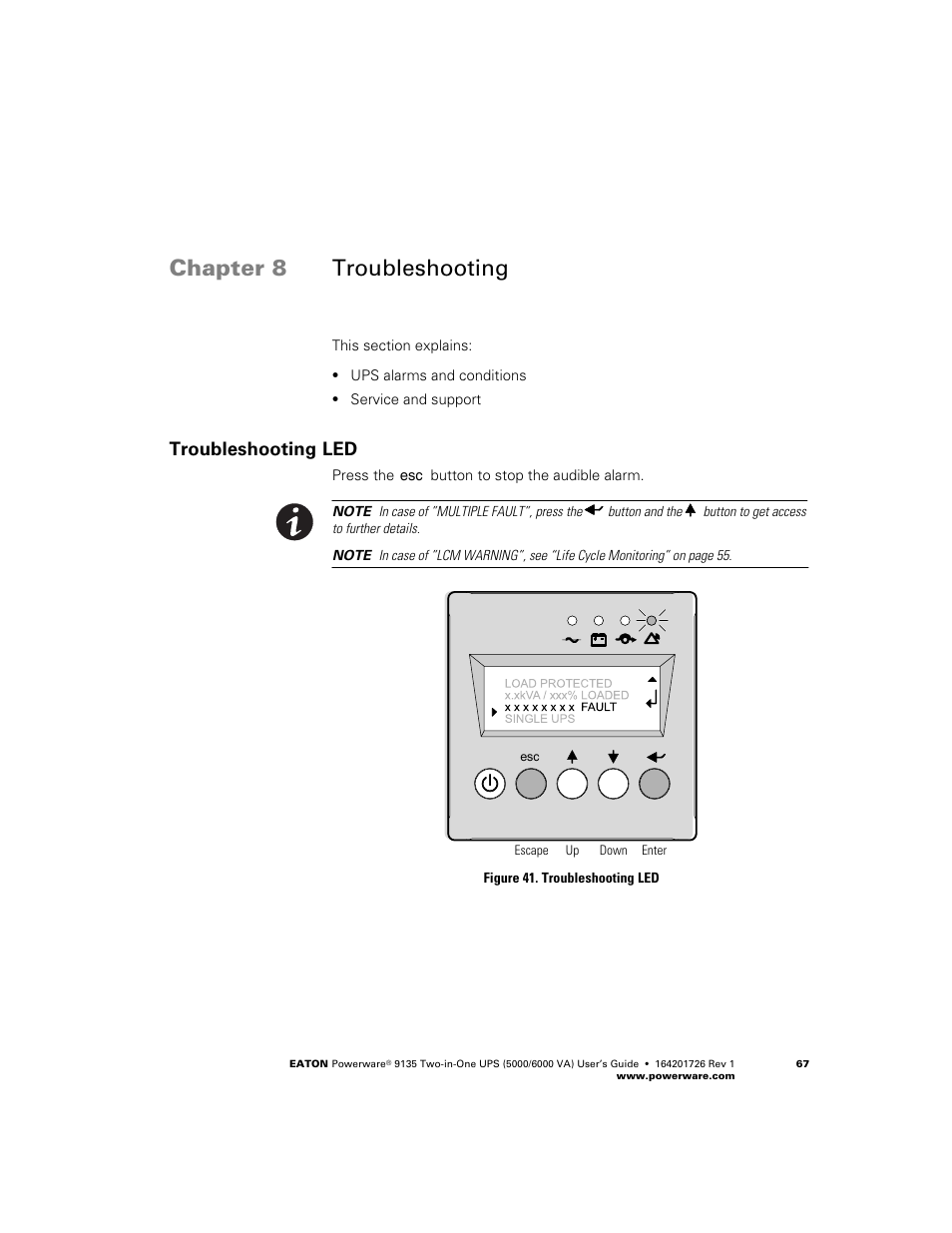 Troubleshooting, Troubleshooting led, Chapter 8 troubleshooting | Powerware 9135 Two-in-One UPS 5000/6000 VA User Manual | Page 73 / 82